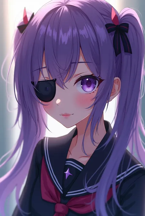 A mesmerizing close-up portrait of a purple-haired anime girl with long pigtails, small figure with a purple eye patch,  mischievous smile,  full body, school uniform with arcane features