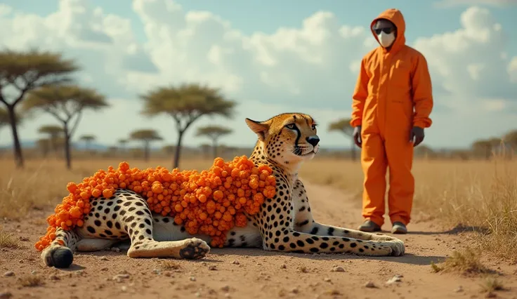 A hyper-realistic 8K image of a cheetah covered in strange, orange parasitic growths. The parasites resemble clusters of small, bulbous organisms, densely packed over the cheetah’s body. The cheetah has a calm but alert expression, lying on the dry savanna...