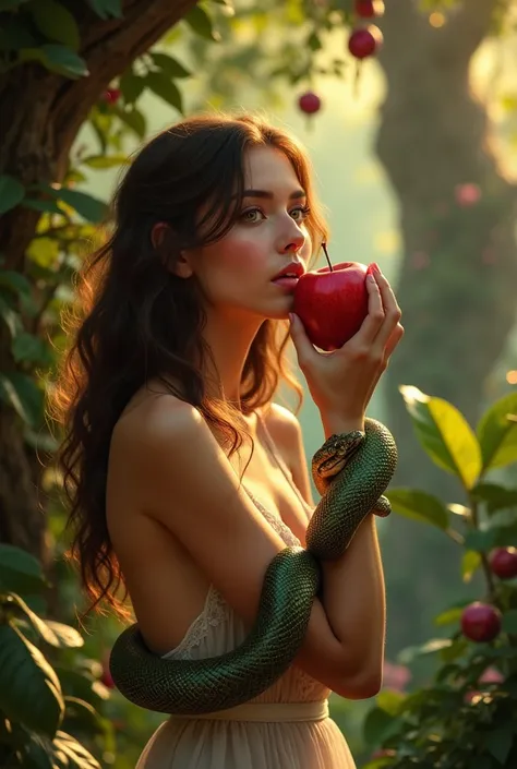 Scene:
 Eva is in the center of the image , } with an expression mixed with amazement and temptation on his face .  His lips are barely separated as he bites the apple ,  and the bright juice of the fruit drips subtly down his chin .  Her skin is soft and ...