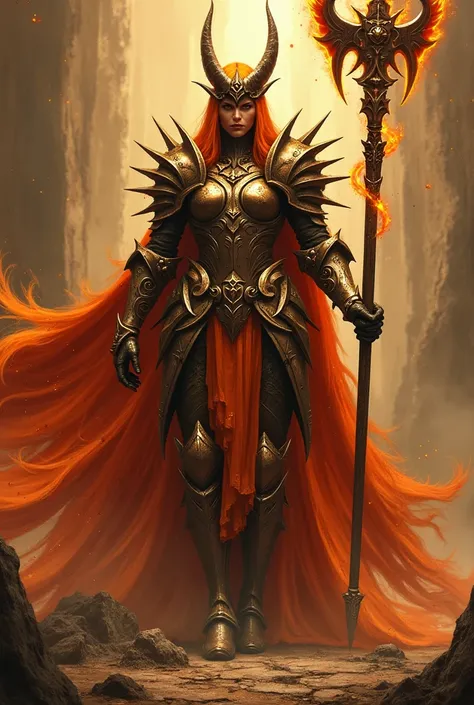 A female demonic knight with mostly orange armor, wielding a large morningstar. She embodies the power of the deadly sin, gluttony.