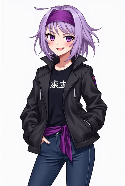 "A young, energetic female character with a futuristic otaku-inspired style. She has lavender purple hair with lighter tips, styled in an asymmetrical cut with a longer fringe on one side, giving a dynamic, messy look. Her eyes are violet. She wears a fitt...