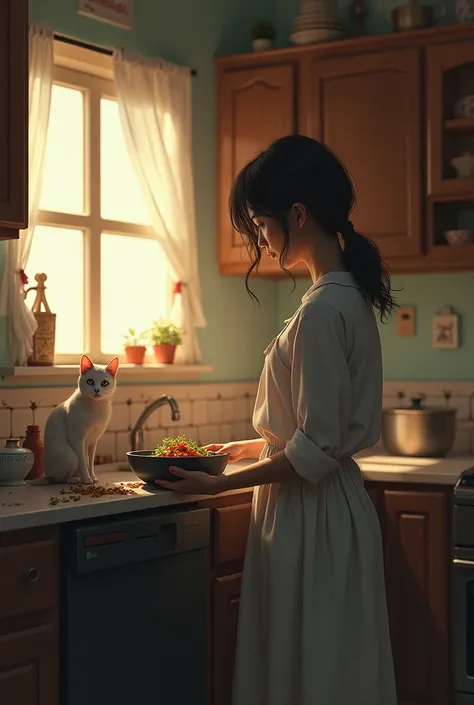 Cat and women cooking and crying 