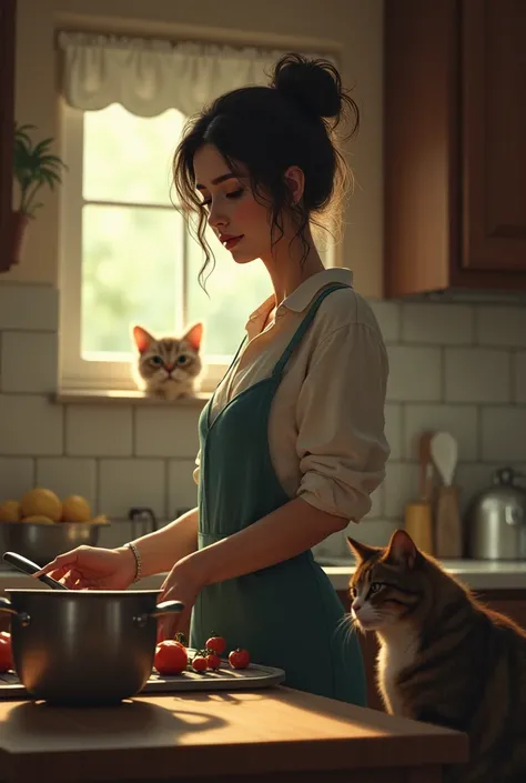 Cat and women cooking and crying 