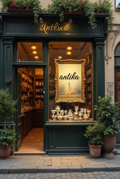 A shop selling antique cups hangs a painting with the words “antika”