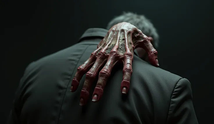 realistic rotting hand of a  on a person's shoulder , in a dark room