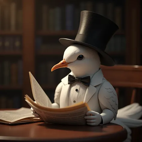 A dove reads a newspaper in a tuxedo and a realistic 8k hat 