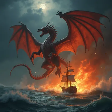  A great imposing dragon ,  with short and numerous horns ,  that run from his back to the tip from its tail ,  The light of the flames reflects on the red scales and the long, prickly tail of the dragon .  Its black thorns ,  dominating the scene with his...