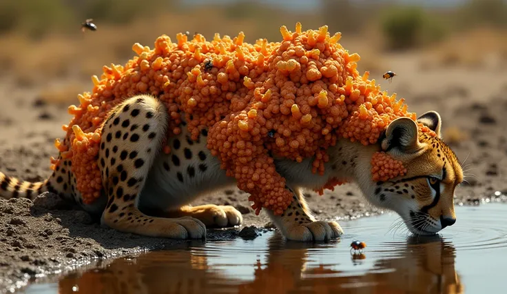 highly detailed, ultra-realistic 8K image of a cheetah crouching near a river, drinking water. Its entire body is covered in grotesque, orange parasitic growths that resemble clusters of swollen larvae or fungal-like organisms. Some parasites are pulsating...