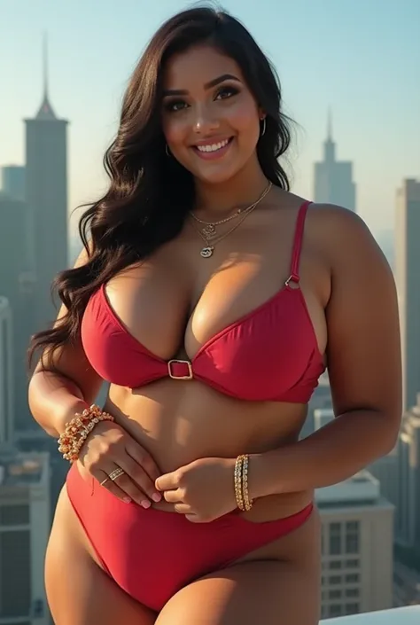 a  beautiful woman in a Bra and Panties posing for a picture in a Futuristic Skyline background behind, thick body, beautiful thick female, Arabian goddess, large breasts size, curvy model, Arabian, voluptuous body, attractive feminine curves, Arabian supe...