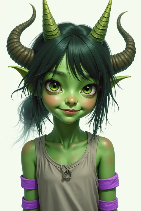 Ord girl,  green skin, purple stripes on arm, Alone, Smiling, 2 horns