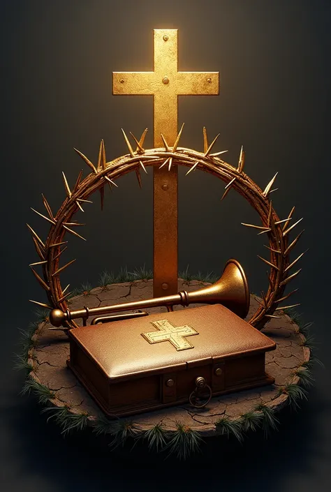 Create an image with a bible , a trumpet ,  a golden half crown and a half crown of thorns and make a logo 
