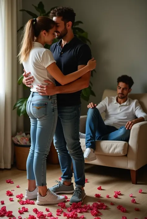 Dans un salon, un jeune homme sportif, en jeans, polo et Nike boueuses, soulève une jeune femme et piétine des fleurs jetées par terre sous ses pieds. Une autre jeune homme, assis sur une chaise, les regarde en pleurant.