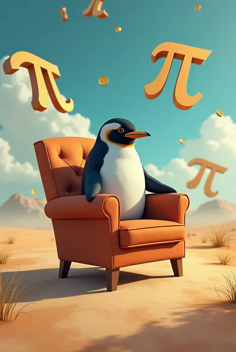 Pi signs on the ground . On it is a stylish armchair. A charismatic pinguin on the couch, pi coin flying in the background. Sunny weather 