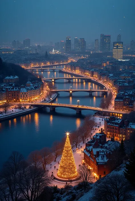 A big city decorated for Christmas. The city can be seen from an oblique perspective. In the left part of the picture a deep blue river meanders through. On the left side of the river there are rather low buildings, which are also decorated for Christmas. ...