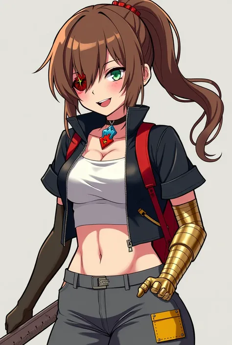 Anime scary bloodied evil threatening psychopathic tomboy brown ponytail right eye covered by red orange yellow highlights in her hair green left eye maniacal smile blue fire charm necklace with ruby black short sleeve short motorbike jacket lop sided zipp...