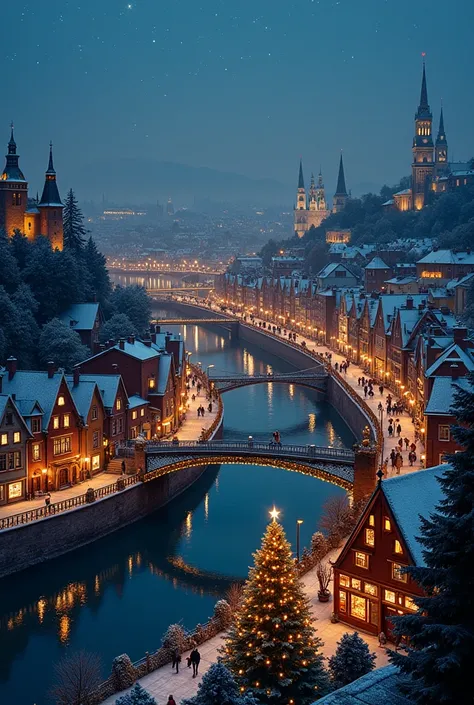 A medium-sized town decorated for Christmas. The city can be seen from an oblique perspective. In the left part of the picture a deep blue river meanders through. There are rather small houses on the left side of the river, which are also decorated for Chr...