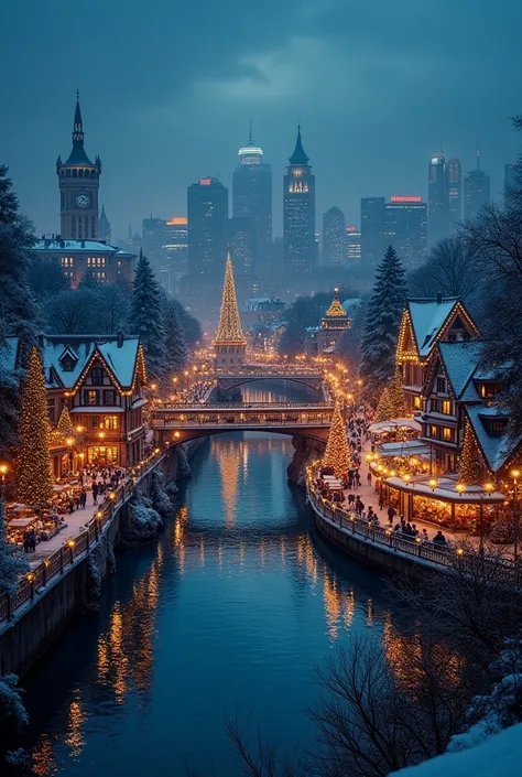 A medium-sized town decorated for Christmas. The city can be seen from an oblique perspective. In the left part of the picture a deep blue river meanders through. There are rather small houses on the left side of the river, which are also decorated for Chr...