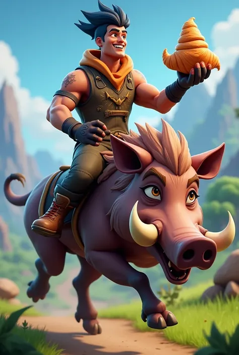 Fortnite skin by cicciogamer89 riding a wild boar with a croissant in his hand 