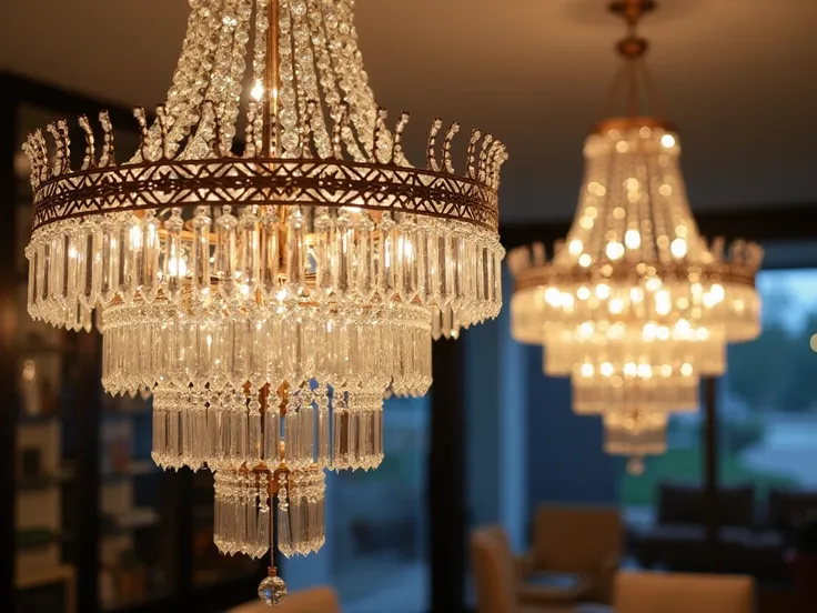 A crystal chandelier is illuminated and hung in the interior of a beautiful modern home. The chandelier is intricately detailed, with numerous crystal beads and pendants that reflect the light, creating a sparkling and elegant effect. In the background, an...