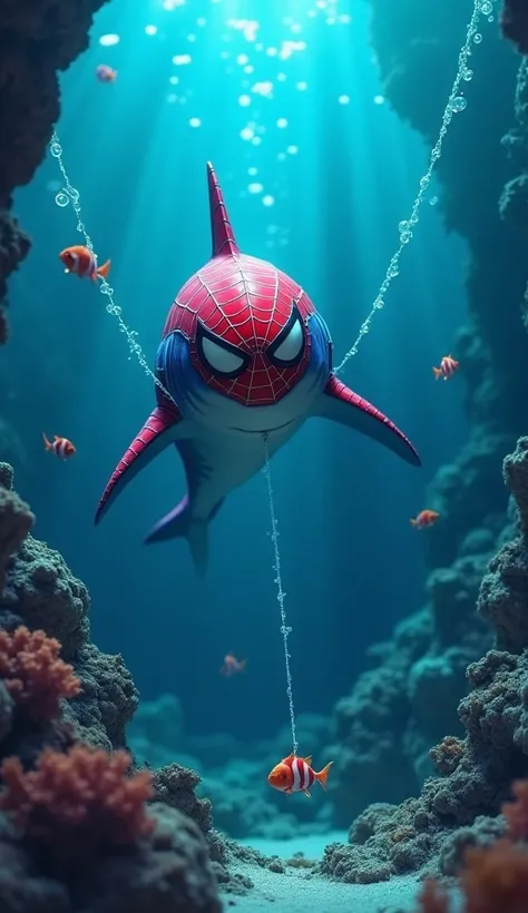 "In the glowing depths of the ocean, a red and blue shark appears, wearing a Spider-Man mask. The shark gracefully moves through the water, shooting a web to rescue a small, innocent fish trapped between coral rocks. Its eyes shine with bravery, and the sc...