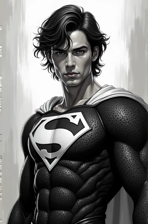  I made a realistic comic-style Kryptonian in his 20s with medium hair/long wavy.
With the superboy style clothes in black and white 