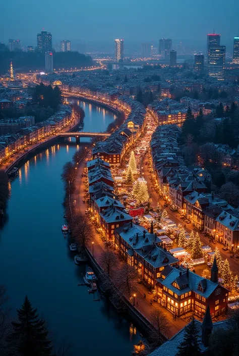  A relatively large city decorated for Christmas. The city can be seen from a bird's eye view. In the left part of the picture a deep blue river meanders through. On the left side of the river, there are rather lower houses, which are also decorated for Ch...