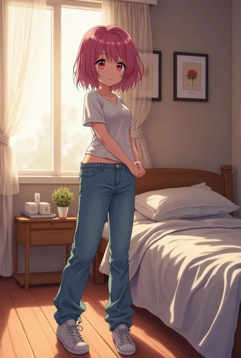 A young girl taking off her jeans undressing sneakers bedroom anime style