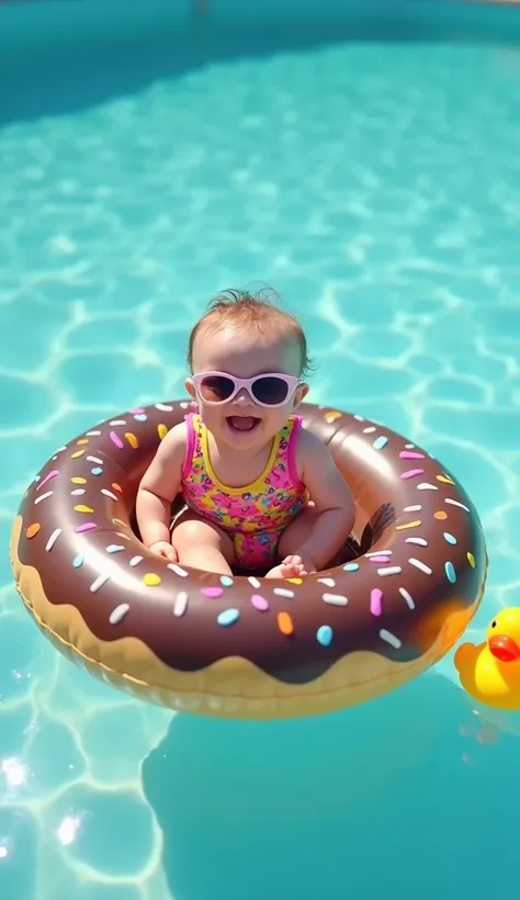 A super cute baby wearing a colorful swimsuit and fun sunglasses sits inside a giant donut-shaped floaty covered in chocolate and sprinkles. The water is crystal clear and reflects a vibrant blue sky. The baby kicks her feet in the water, laughing and havi...