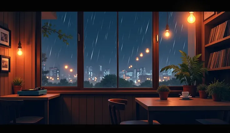 Minimalist cozy jazz café at night, warm dim lighting, wooden tables, vinyl record player on a shelf, soft neon glow, steaming cup of coffee on the table. Rainy window with city lights, anime-style, 4K