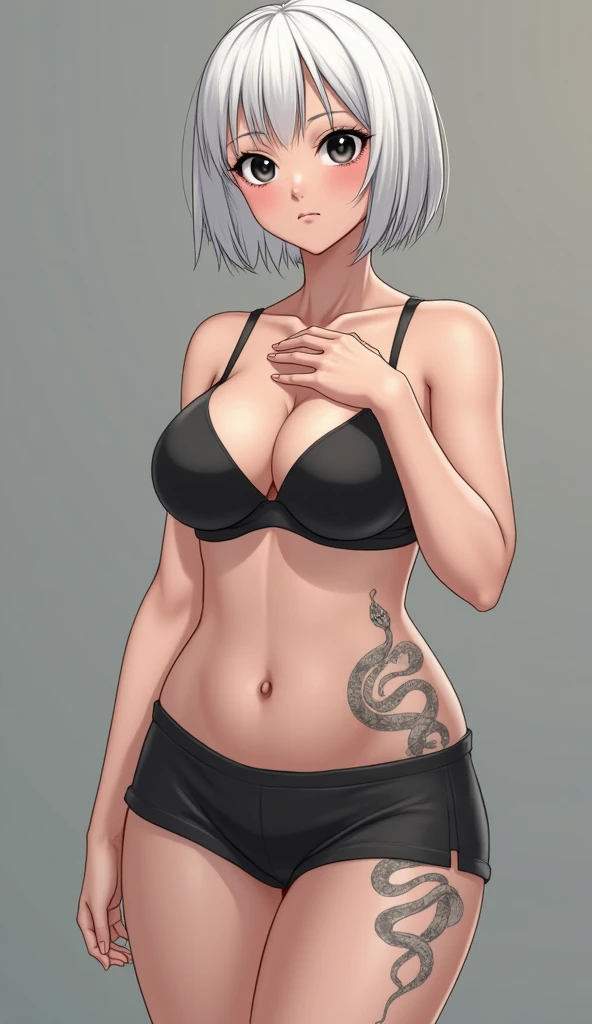 1 girl, Asian, solo, short hair, white hair, bob, black eyes, huge breasts, giant boobs, tattoo of snake on stomach, tight shorts, slightly chubby, no background Breasts, hand on breasts 