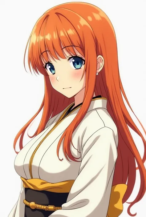 Make a drawing of a beautiful anime girl with long orange hair and dark blue eyes. She has bangs and her eyes are down turned. She has a big bust and a curvy figure. She’s wearing a white and gold kimono. The art style must be like jujutsu kaisen art style...