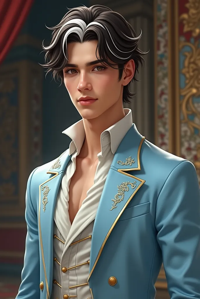 a young adult prince with short dark brown hair and white streaks, wearing a light blue and white outfit