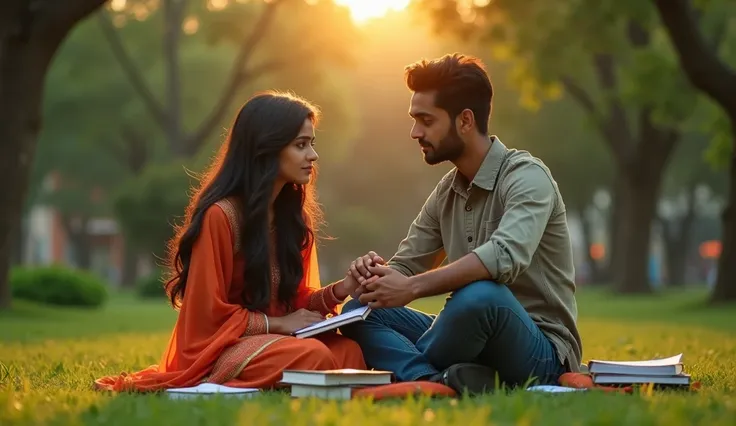 "A young Hindu girl and a Muslim boy sitting together in a lush green university garden, surrounded by books and notes. The girl, named Simran, has long black hair and is wearing a traditional Indian salwar kameez. She looks worried, holding a notebook clo...