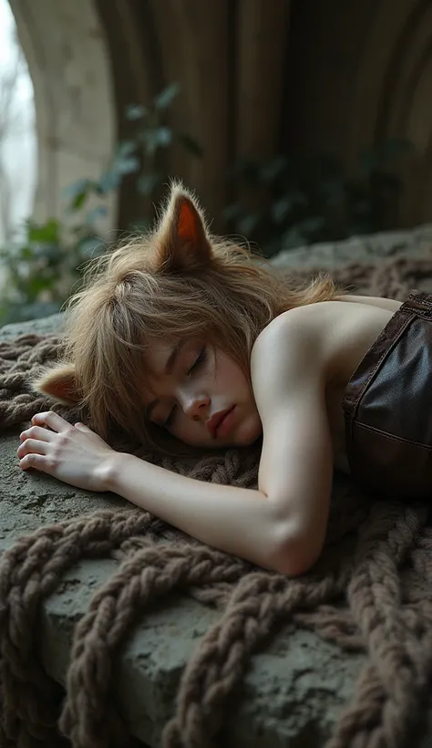 25 years old wolf-girl, furry, wolf face, perfect eyes, cute, light brown hair, short hair, messy pixie haircut, small breasts, perfect body, (wearing leather pants and leather corset), ((sleeping), curled up on her side on ancient stone altar), high detai...