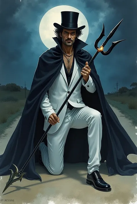  Realistic watercolor style image of a male spiritual entity , The appearance of a mature Brazilian man , A black top hat with curly short black hair wearing an ancient medieval cape all black, Long crawling on the floor and gold and wearing a white Italia...