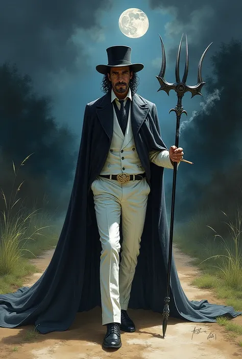  Realistic watercolor style image of a male spiritual entity , The appearance of a mature Brazilian man , A black top hat with curly short black hair wearing an ancient medieval cape all black, Long crawling on the floor and gold and wearing a white Italia...