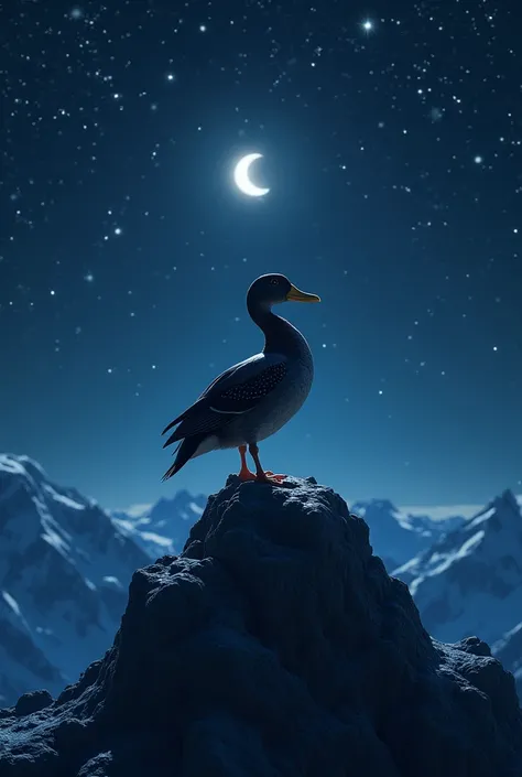 Duck on a mountain at night with stars