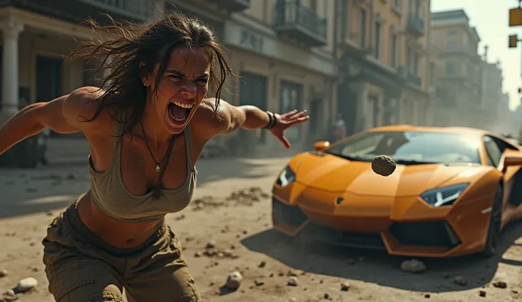 Wanderer woman with a dirty and super angry face throwing a stone at a lamborgini 