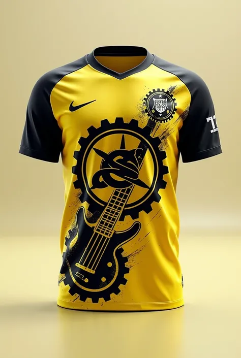 Create a 3D image of a shirt similar to a soccer shirt in yellow and black colors images referring to the Brazilian rock band main symbol gears,guitar, drums, 4 string bass