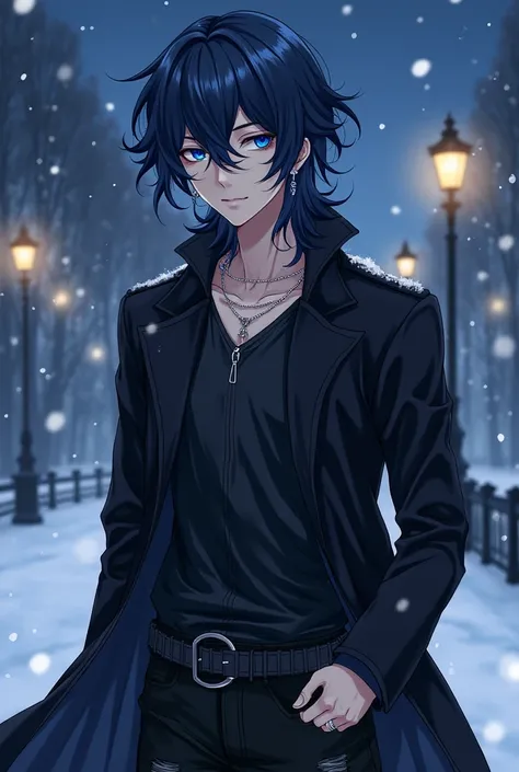 anime handsome young man, adult, manhwa drawing, dark-blue hair, wavy hair, long hair, silver nacklace, silver earrings, slim, cunning, tantalizing, yandere, yandere male, detailed, outside, night, stars, mysterious blue eyes, silver rings on fingers, blac...