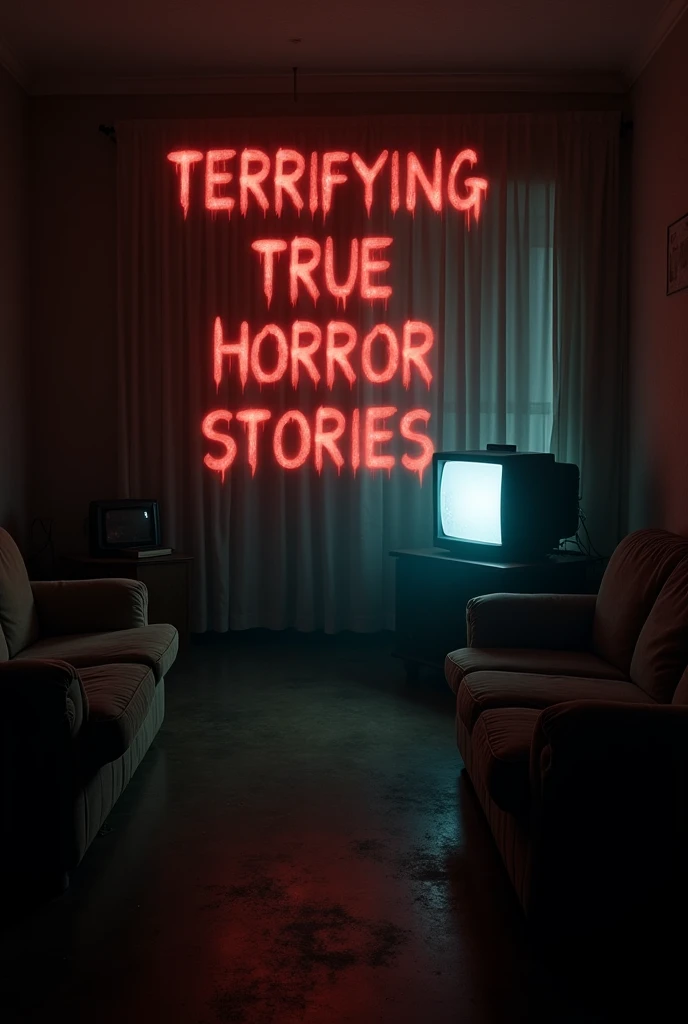 A dimly lit, eerie living room with a flickering TV casting a faint glow. The atmosphere is unsettling, with shadows stretching across the walls. A cold breeze seems to drift through an open window, making the curtains billow slightly. The words ‘Terrifyin...