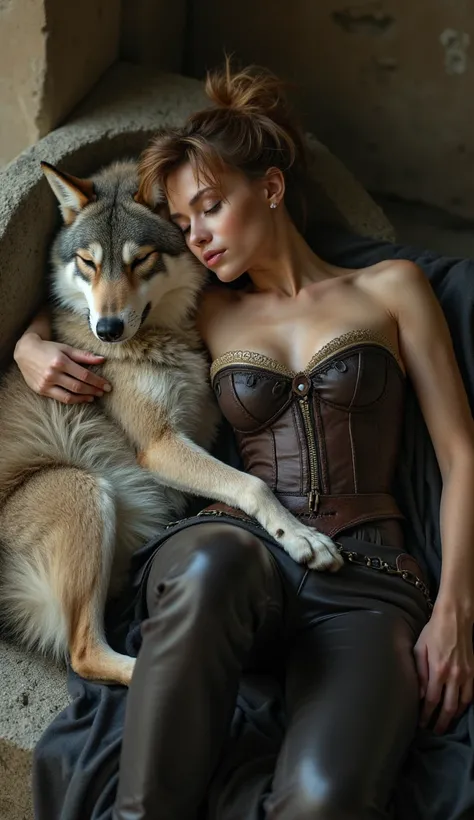 25 years old wolf-girl, furry, wolf face, perfect eyes, light brown hair, short hair, messy pixie haircut, small breasts, perfect body, (wearing leather pants and leather corset), ((sleeping), curled up on her side on ancient stone altar), high detailed, h...