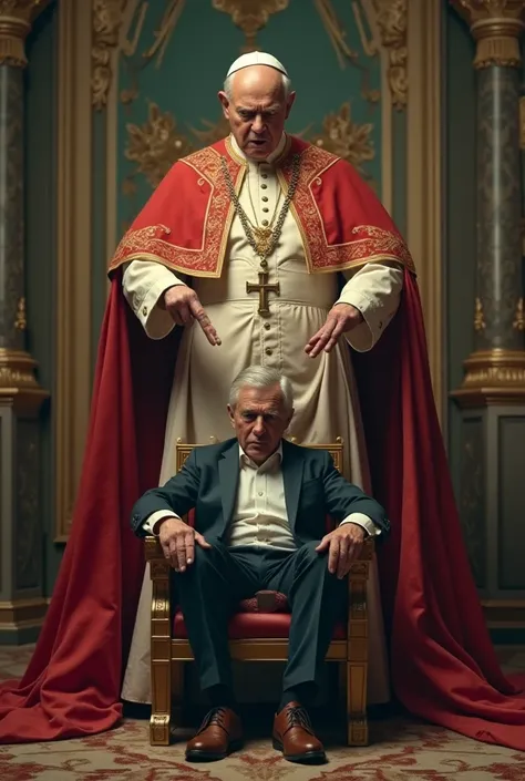 Create a pope yelling at his son sitting in a Skibidi towlet