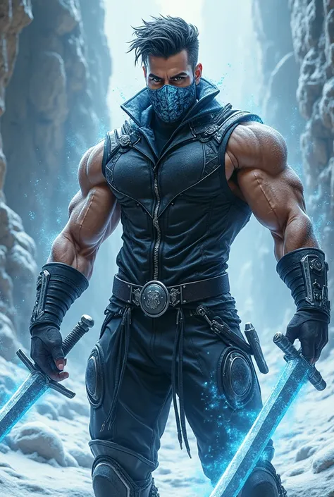   Make realistic comic images of a 20-year-old boy, with a very stylish ice mask .  A super designed vest melted in ice and lightning . With the muscular physique ,  and a sword in each hand . 
  The pants to match the vest design . 
All clothing that is m...