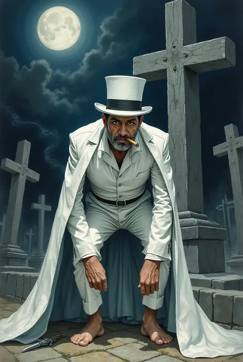  Realistic watercolor style image of a male spiritual entity , What a mature Spanish man looks like, Endomorph body a white top hat short black curly hair wearing an ancient Dracula cape big black all-white, Long crawling on the floor and gold and wearing ...