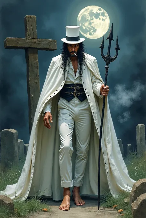  Realistic watercolor style image of a male spiritual entity , What a mature Spanish man looks like, Endomorph body a white top hat short black curly hair wearing an ancient Dracula cape big black all-white, Long crawling on the floor and gold and wearing ...