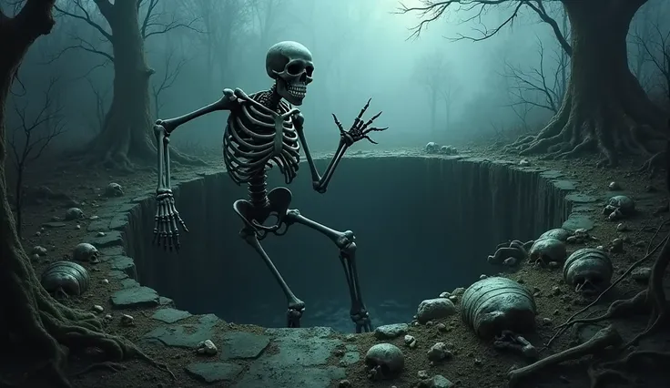 Skeleton falls into grave