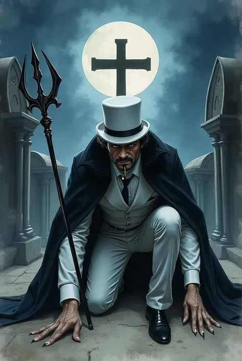  Realistic watercolor style image of a male spiritual entity , What a mature Spanish man looks like, Endomorph body a white top hat short black curly hair wearing an ancient Dracula cape big black all black, Long crawling on the floor and gold and wearing ...