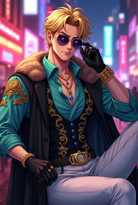 A stylish and charismatic anime man sits confidently in a neon-lit cityscape, exuding charm and elegance. He has golden blond, tousled hair that falls slightly over his forehead, and piercing violet eyes that shine mischievously under his lightly tinted, r...