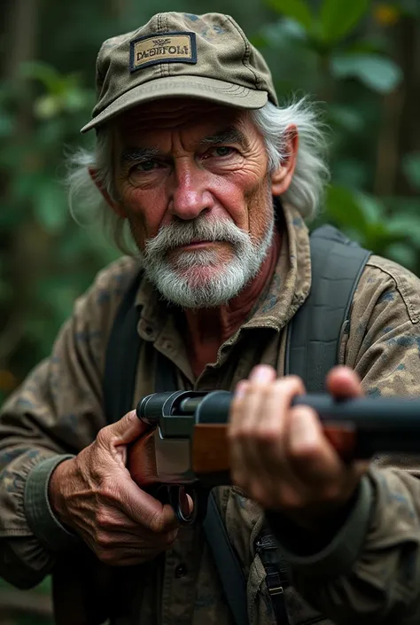 A picture of a white ager in hunting clothes and a gun 